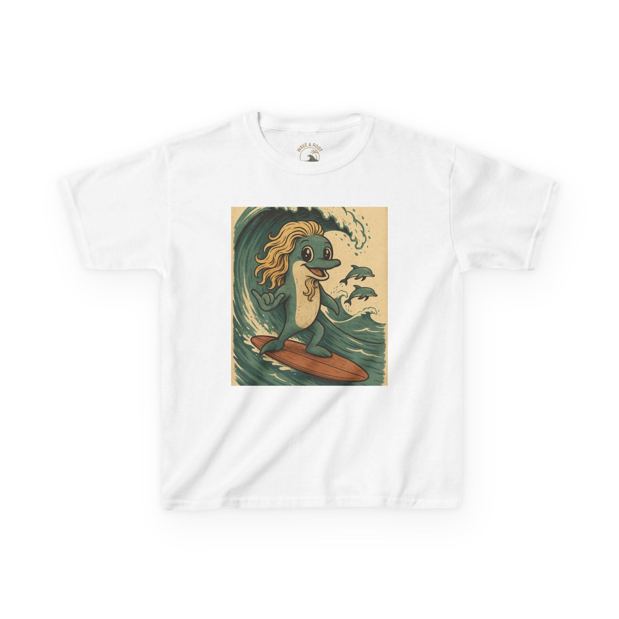 Kinder T-Shirt „Surfing Dolphin“ – Lustiger Retro-Delfin-Print im Vintage-Surf-Style aus weicher Bio-Baumwolle