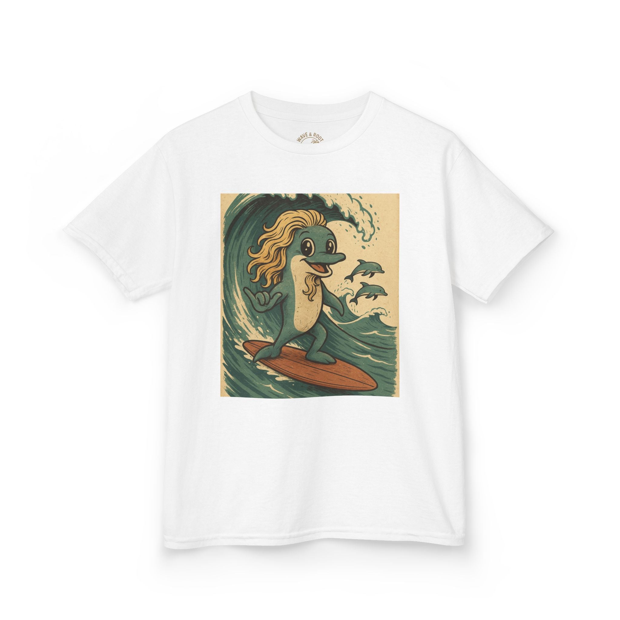 Kinder T-Shirt „Surfing Dolphin“ – Lustiger Retro-Delfin-Print im Vintage-Surf-Style aus weicher Bio-Baumwolle