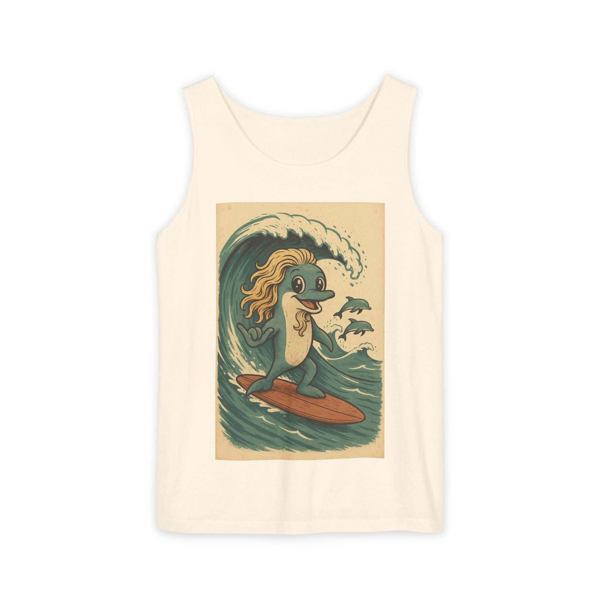 Unisex Tank Top „Surfing Dolphin“ – Lustiger Retro-Delfin-Print im Vintage-Surf-Style aus weicher Bio-Baumwolle